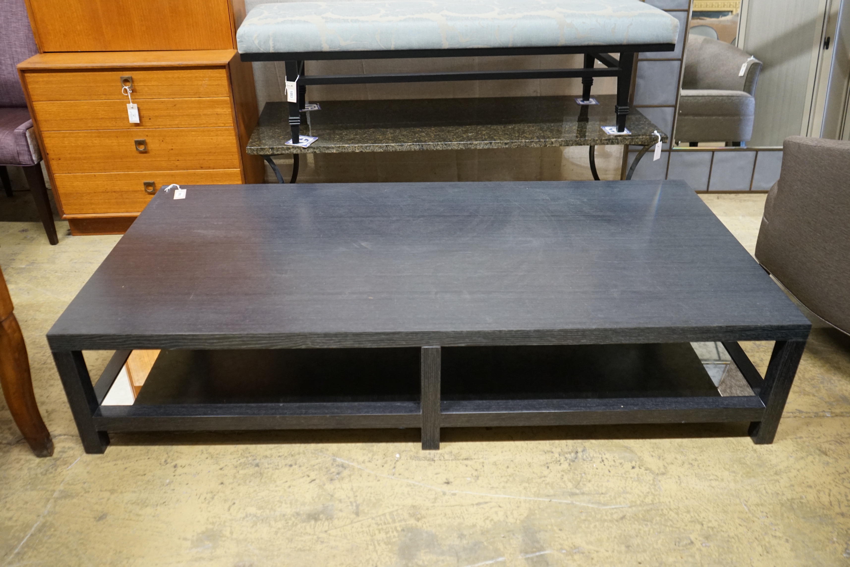 A custom made Decca Furniture Domicile coffee table, width 180cm, depth 89cm, height 38cm